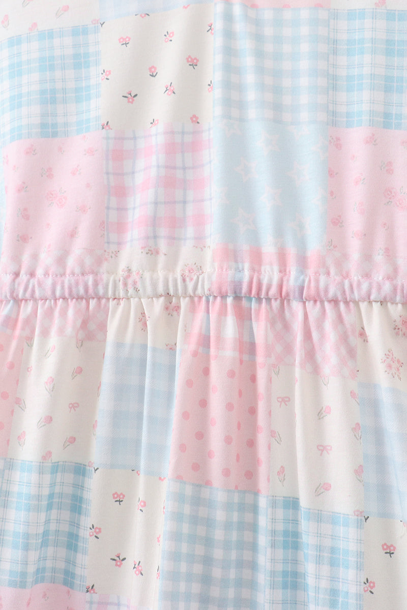 Pink patchwork floral tiered dress - Aaria Tees Aaria Tees