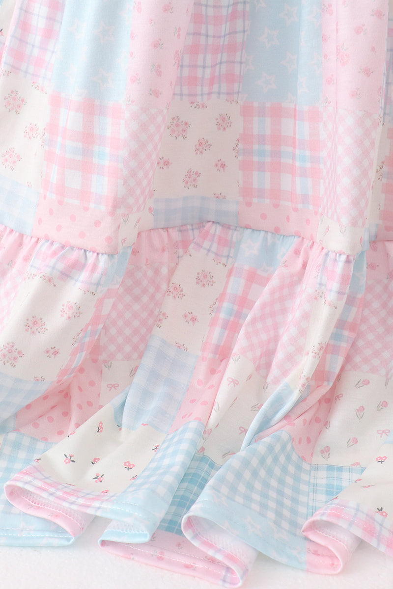 Pink patchwork floral tiered dress - Aaria Tees Aaria Tees