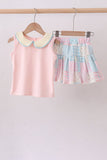 Pink Floral Print Checkered Skorts Set Aaria Tees