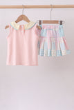 Pink Floral Print Checkered Skorts Set Aaria Tees