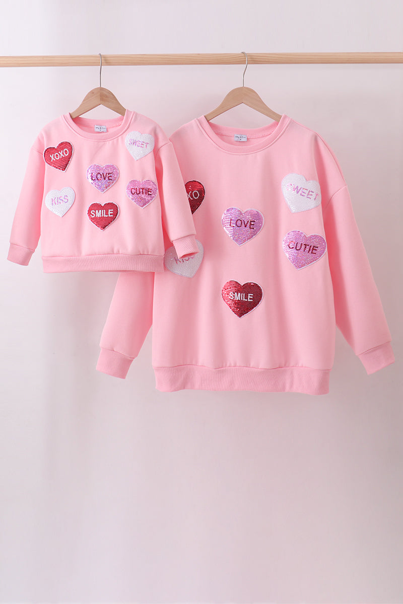 Pink heart love smile sequin fleece mom&me sweatshrit - Aaria Tees Aaria Tees