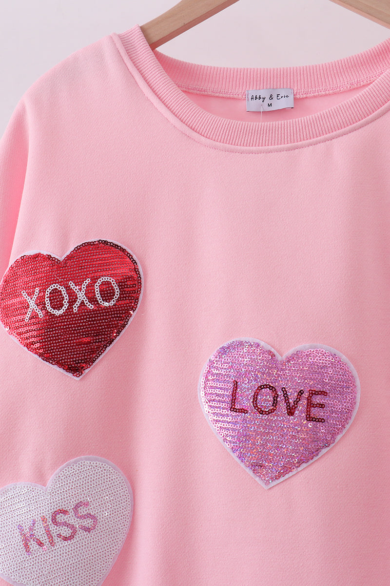Pink heart love smile sequin fleece mom&me sweatshrit - Aaria Tees Aaria Tees