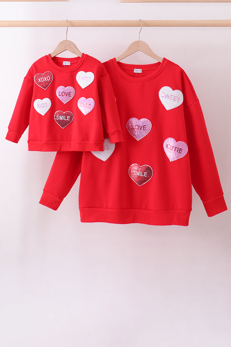 Red heart love smile sequin fleece mom&me sweatshrit - Aaria Tees Aaria Tees