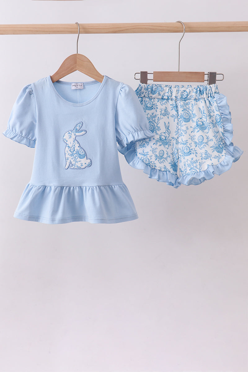 Blue bunny applique ruffle shorts set - Aaria Tees