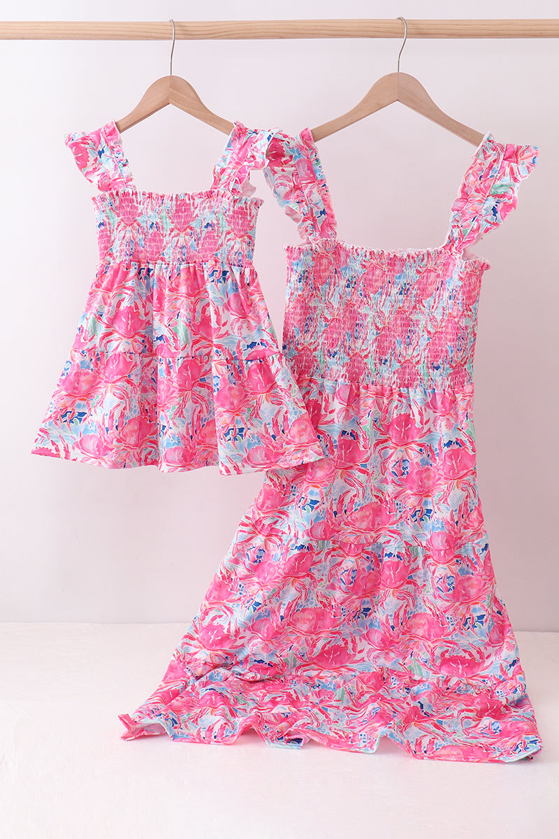 Pink floral smocked ruffle mom&me tiered dress - Aaria Tees Aaria Tees