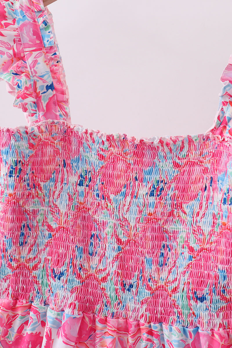 Pink floral smocked ruffle mom&me tiered dress - Aaria Tees Aaria Tees