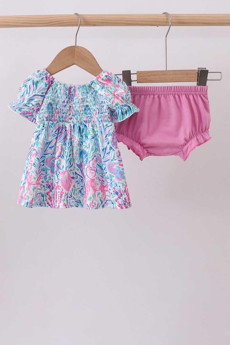 Blue marine smocked ruffle bloomer set - Aaria Tees Aaria Tees