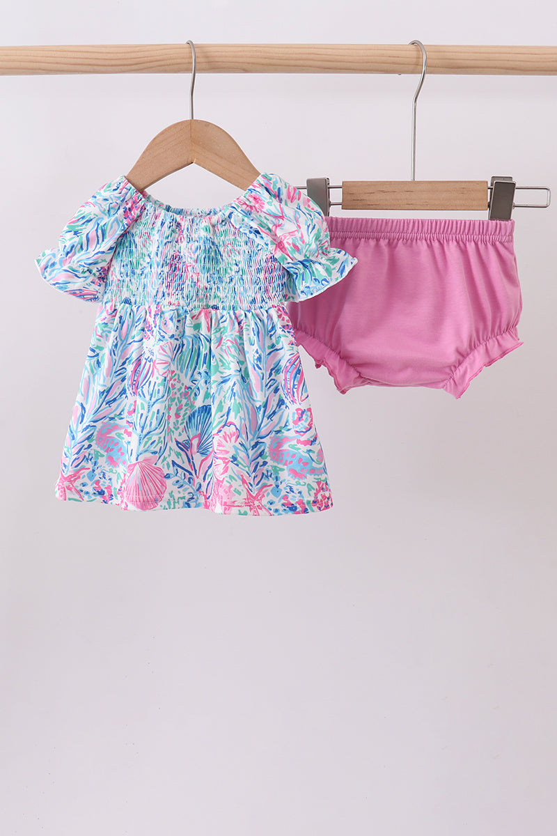 Blue marine smocked ruffle bloomer set - Aaria Tees Aaria Tees