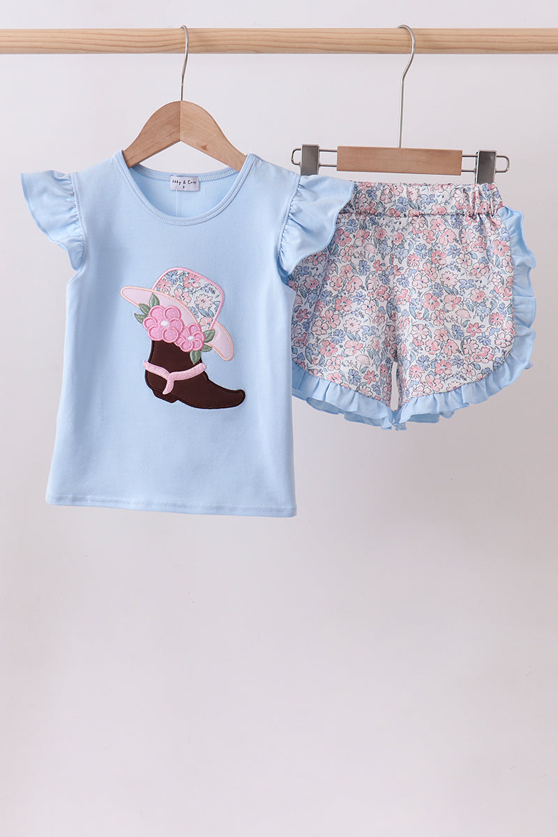 Blue floral boot applique ruffle shorts set - Aaria Tees Aaria Tees