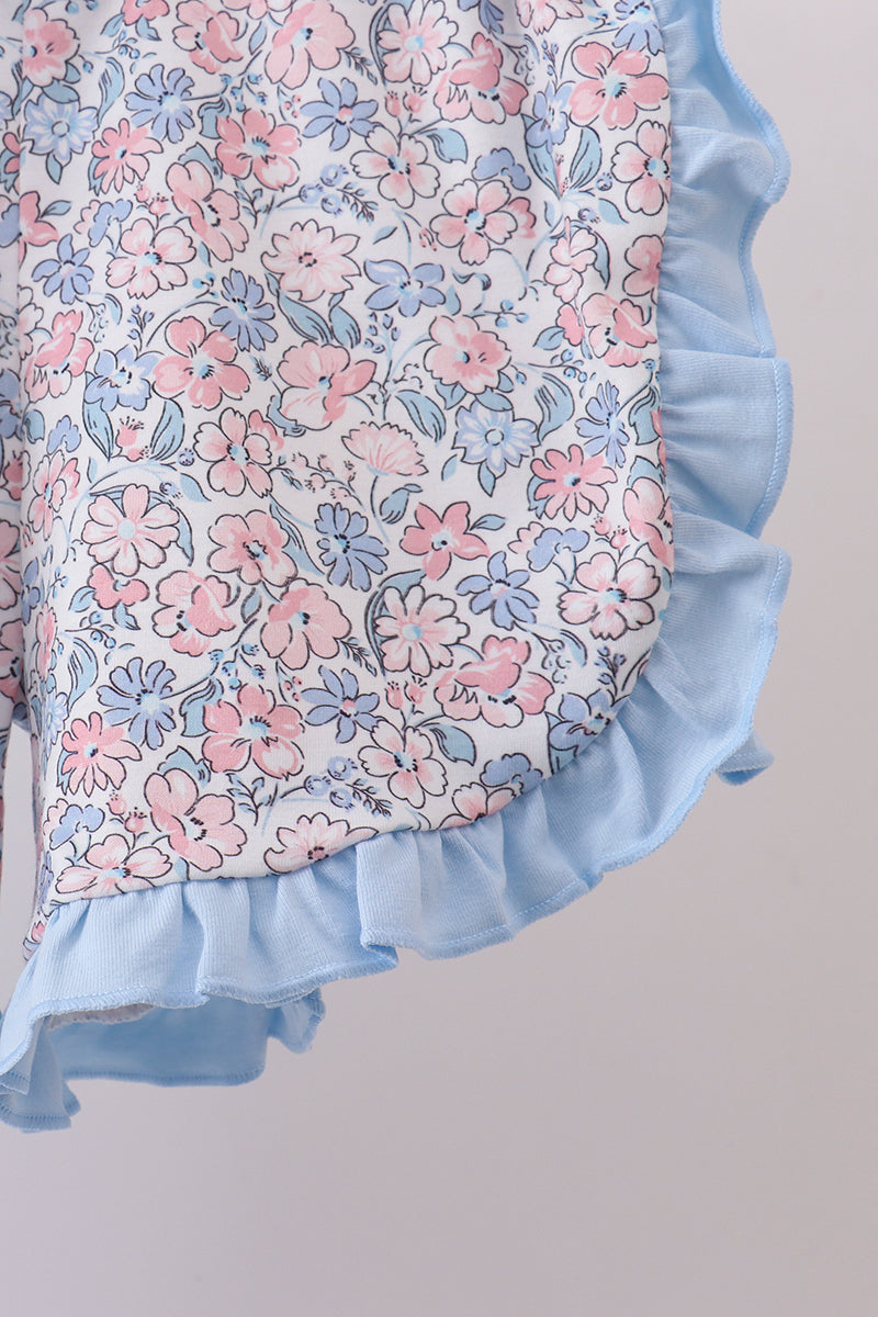 Blue floral boot applique ruffle shorts set - Aaria Tees Aaria Tees