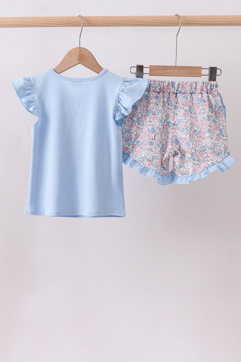 Blue floral boot applique ruffle shorts set - Aaria Tees Aaria Tees
