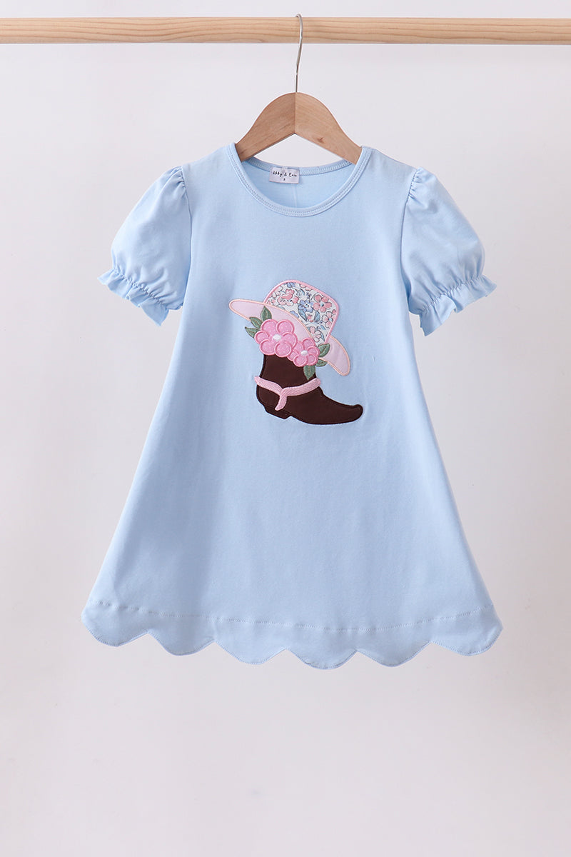 Blue floral boot applique scalloped dress - Aaria Tees Aaria Tees