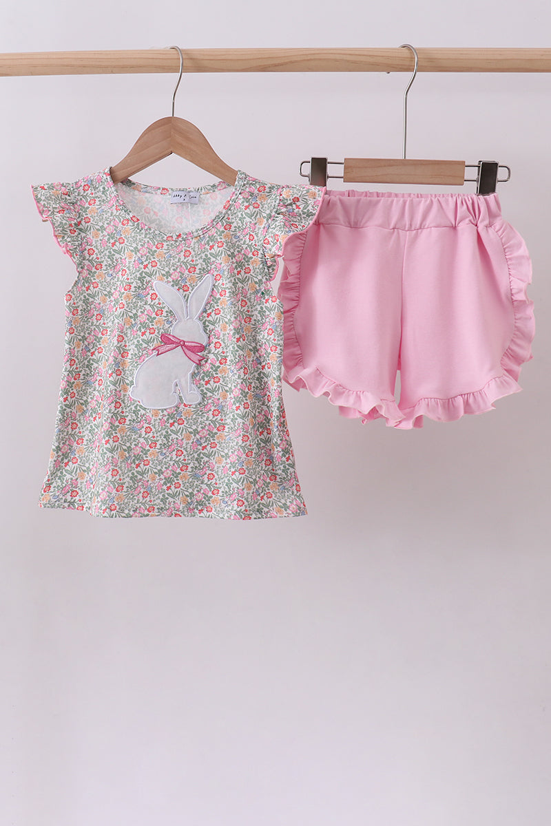 Floral bunny applique ruffle shorts set - Aaria Tees Aaria Tees