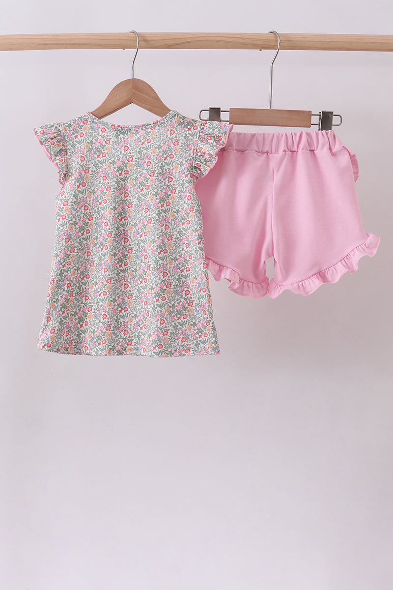 Floral bunny applique ruffle shorts set - Aaria Tees Aaria Tees