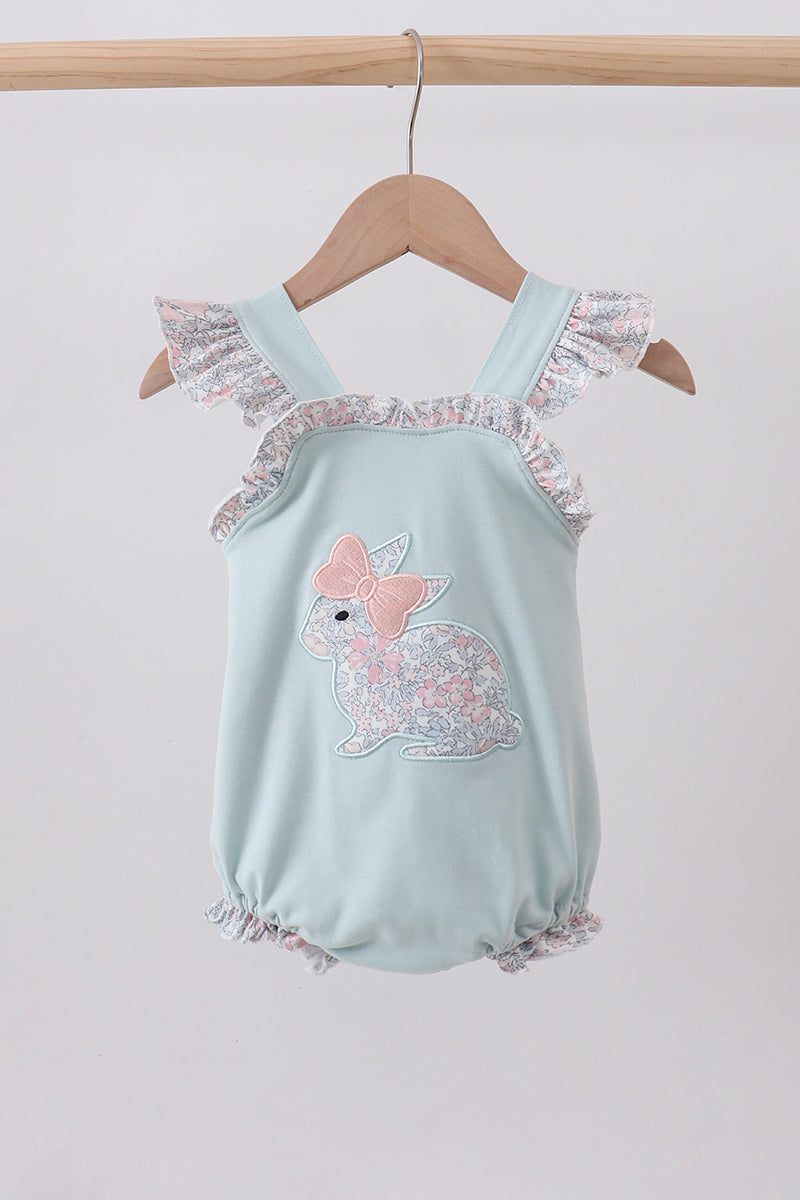 Blue floral bunny applique ruffle bubble - Aaria Tees