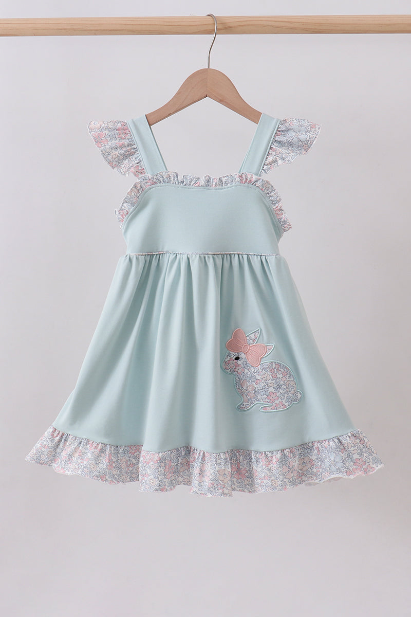 Blue floral bunny applique ruffle dress - Aaria Tees