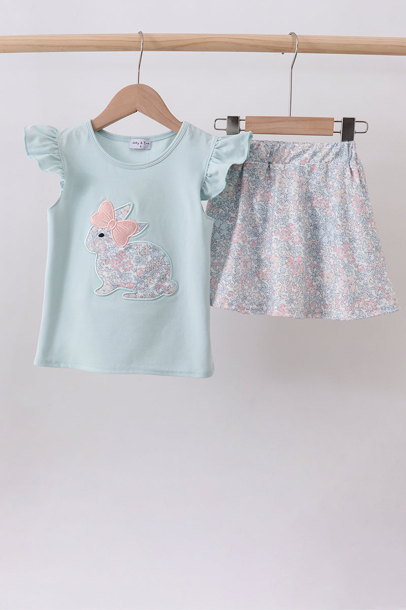 Blue floral bunny applique ruffle skorts set - Aaria Tees