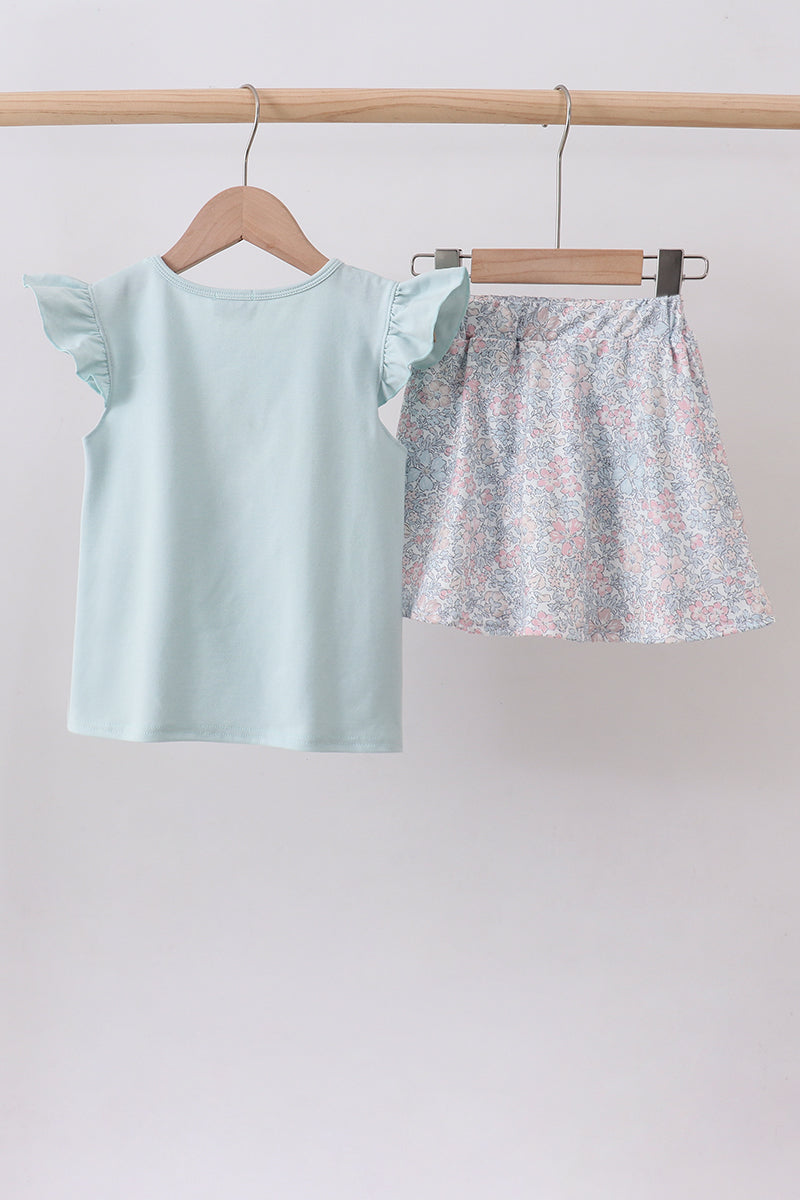 Blue floral bunny applique ruffle skorts set - Aaria Tees Aaria Tees