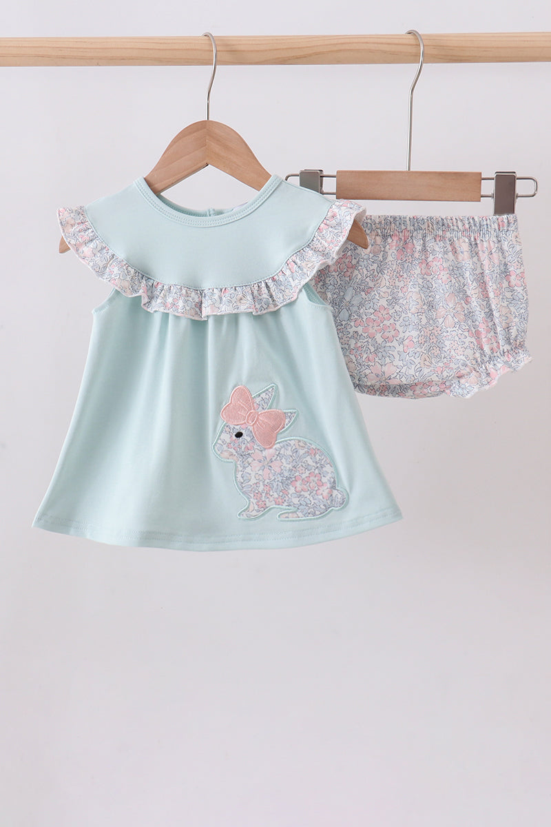 Blue floral bunny applique bloomer set - Aaria Tees
