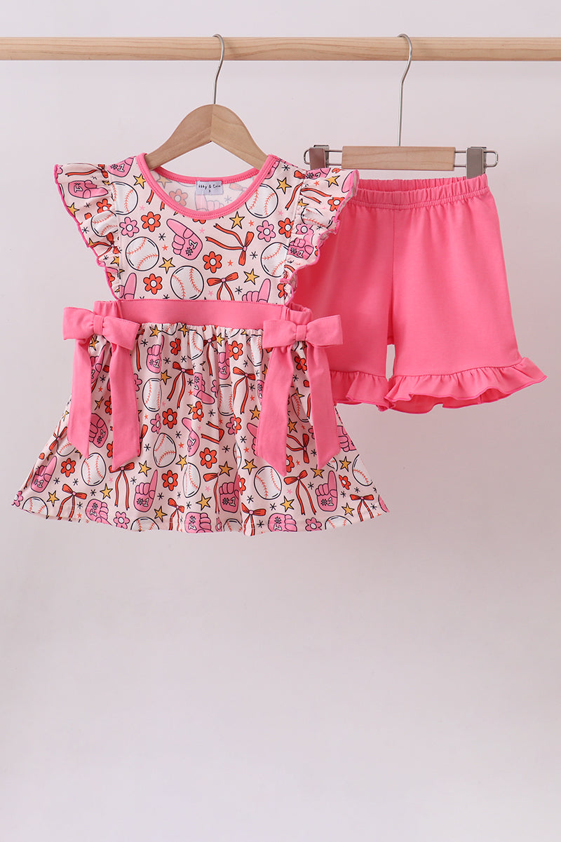Pink baseball print ruffle shorts set - Aaria Tees