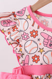 Pink baseball print ruffle shorts set - Aaria Tees Aaria Tees
