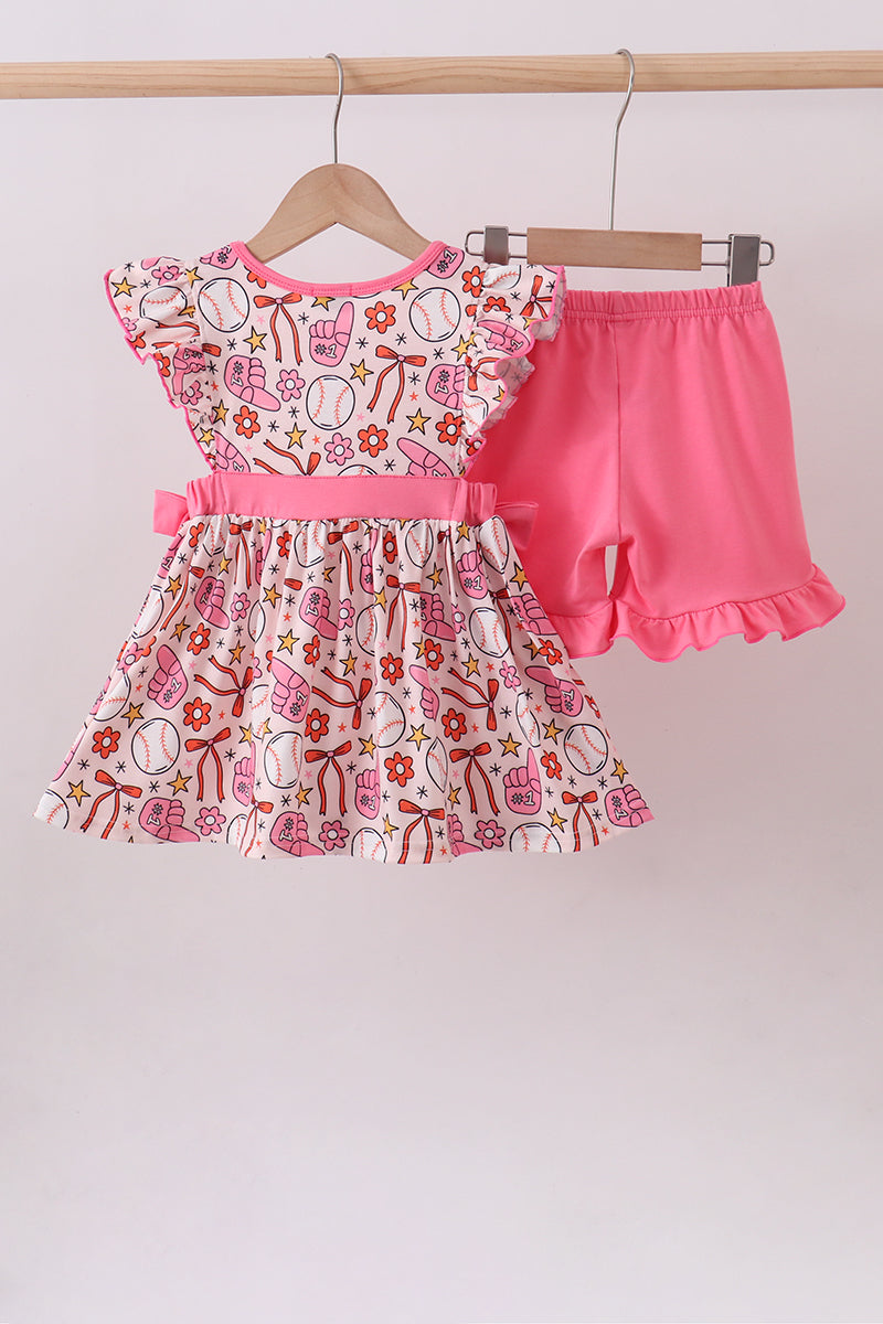 Pink baseball print ruffle shorts set - Aaria Tees Aaria Tees