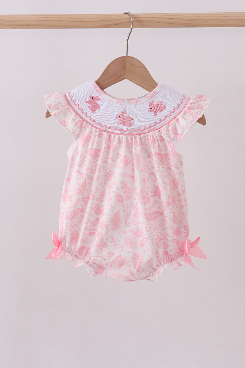 Pink bunny smocked ruffle bow bubble - Aaria Tees Aaria Tees