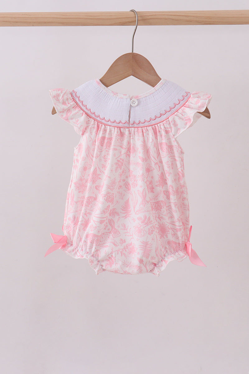 Pink bunny smocked ruffle bow bubble - Aaria Tees Aaria Tees