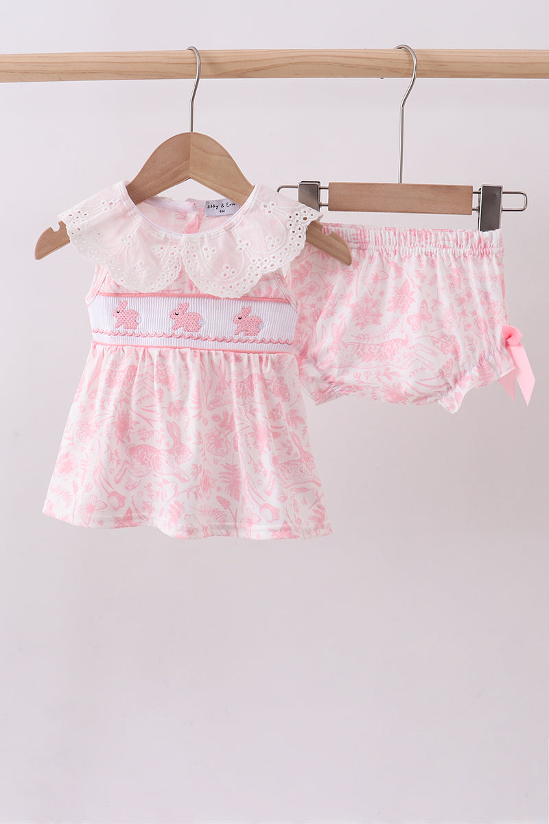Pink bunny smocked lace collar bow bloomer set - Aaria Tees Aaria Tees
