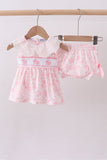 Pink bunny smocked lace collar bow bloomer set - Aaria Tees Aaria Tees