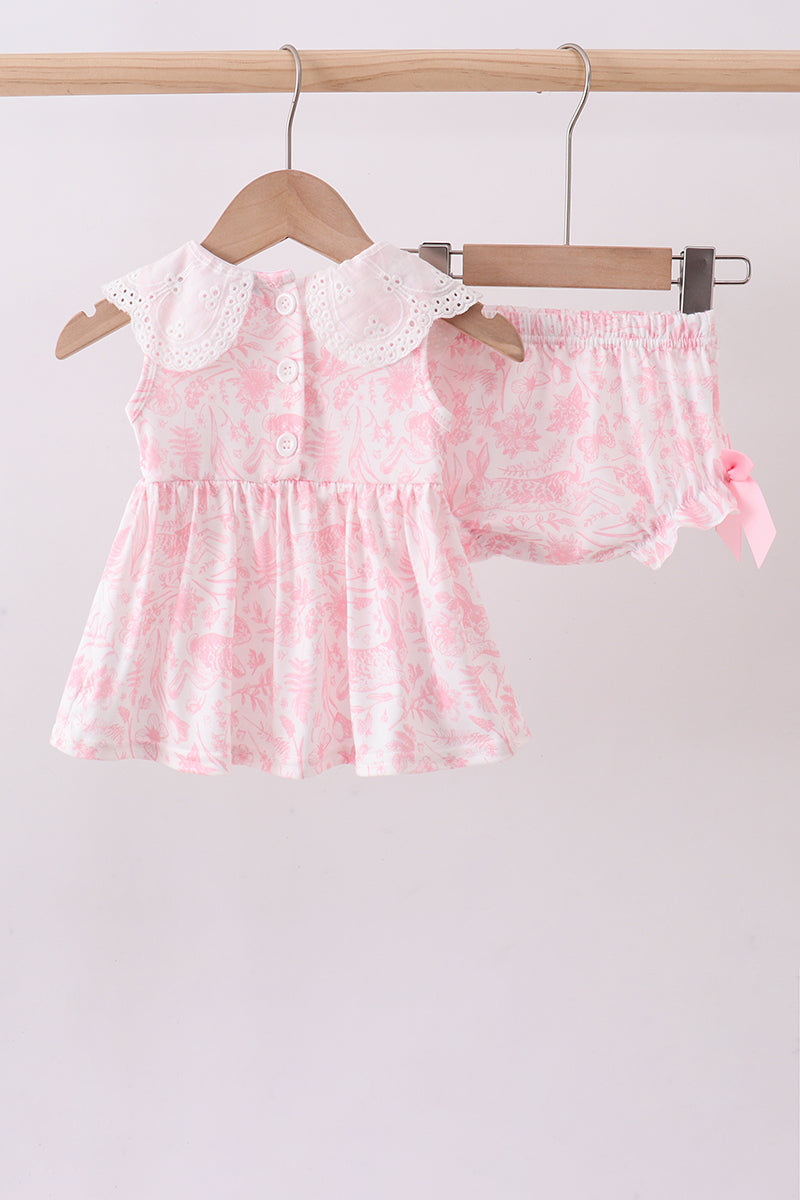 Pink bunny smocked lace collar bow bloomer set - Aaria Tees Aaria Tees