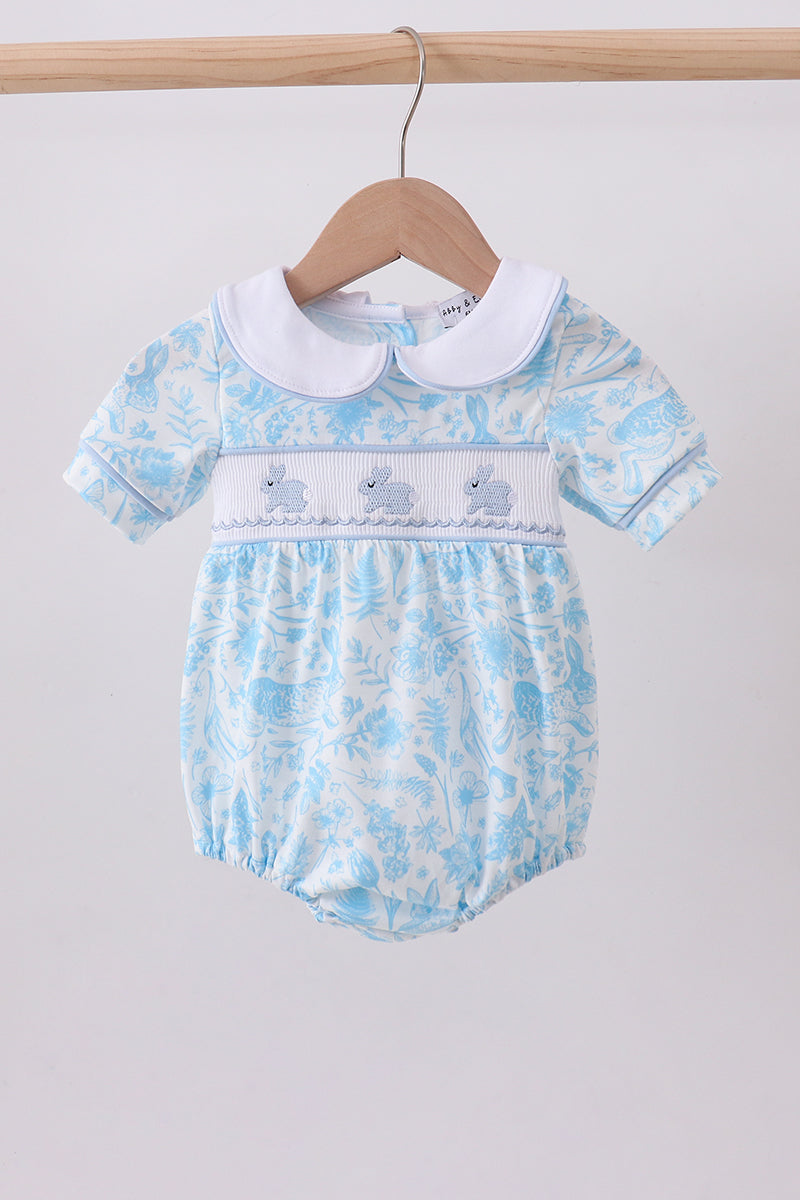 Blue bunny smocked peter pan collar bubble - Aaria Tees