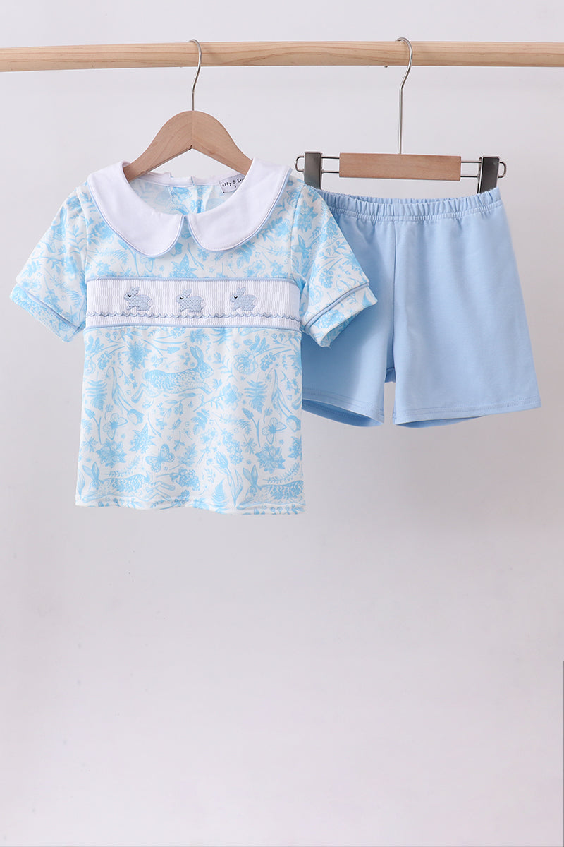 Blue bunny smocked peter pan collar shorts set - Aaria Tees Aaria Tees