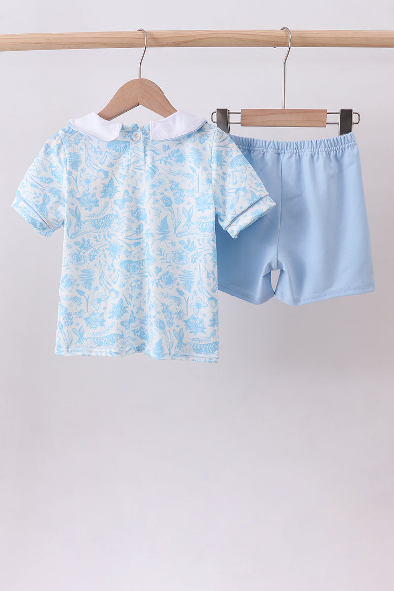 Blue bunny smocked peter pan collar shorts set - Aaria Tees Aaria Tees