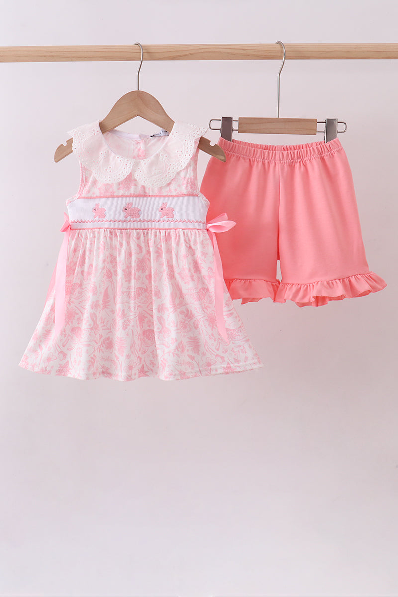 Pink bunny smocked lace collar shorts set - Aaria Tees