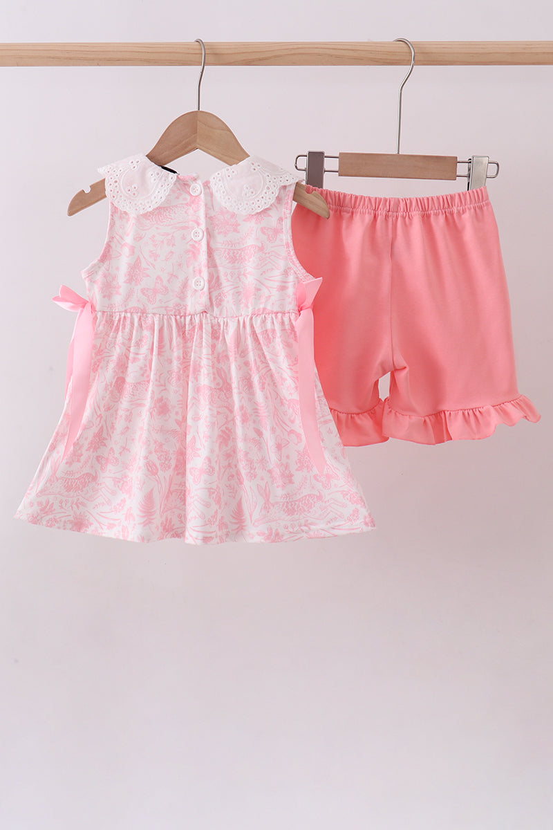 Pink bunny smocked lace collar shorts set - Aaria Tees Aaria Tees