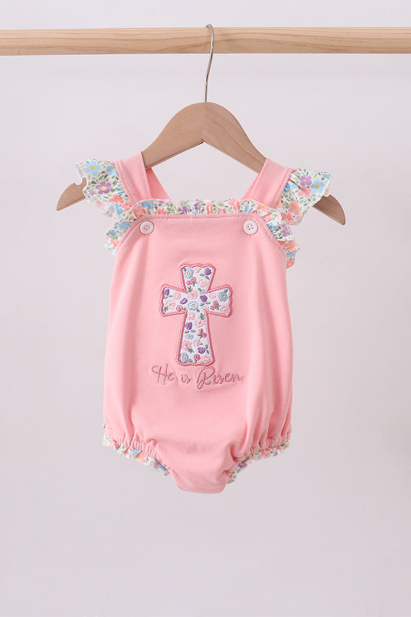 Pink floral cross embroidery ruffle bubble - Aaria Tees