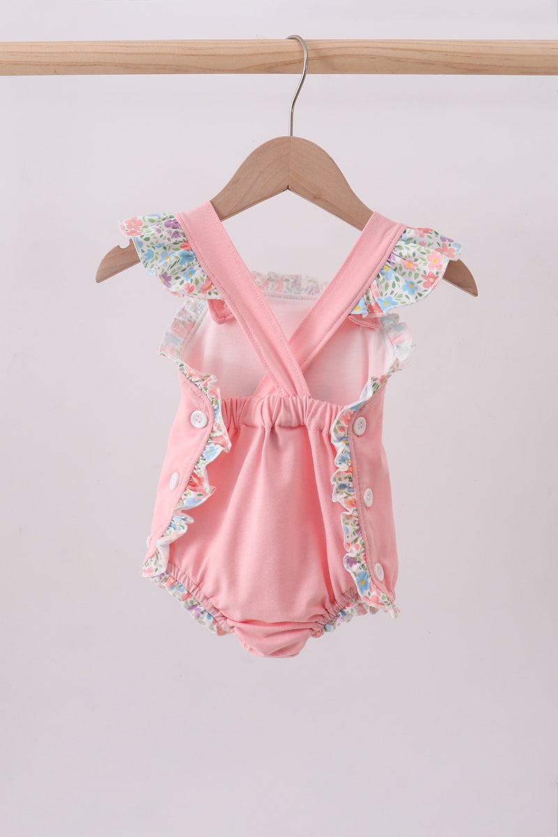 Pink floral cross embroidery ruffle bubble - Aaria Tees Aaria Tees