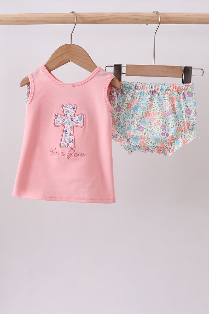 Pink floral cross embroidery ruffle bloomer set - Aaria Tees