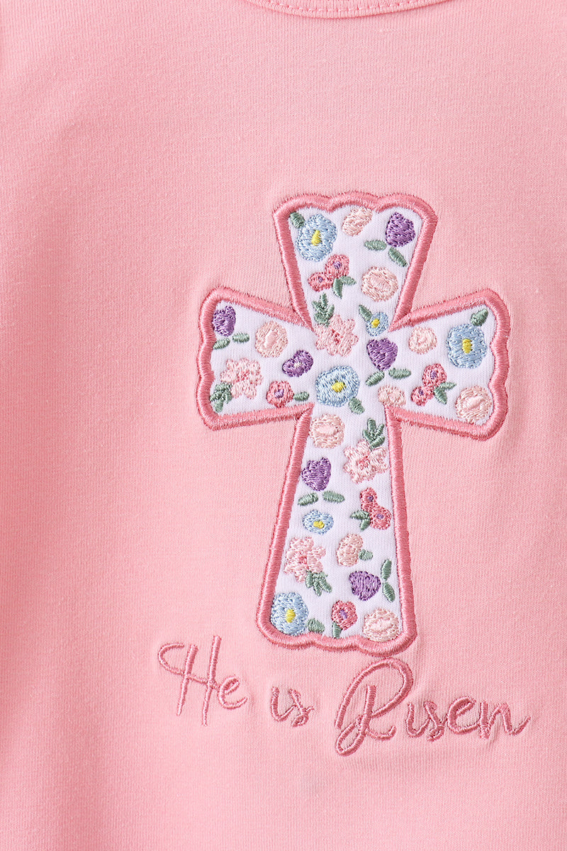 Pink floral cross embroidery ruffle bloomer set - Aaria Tees Aaria Tees