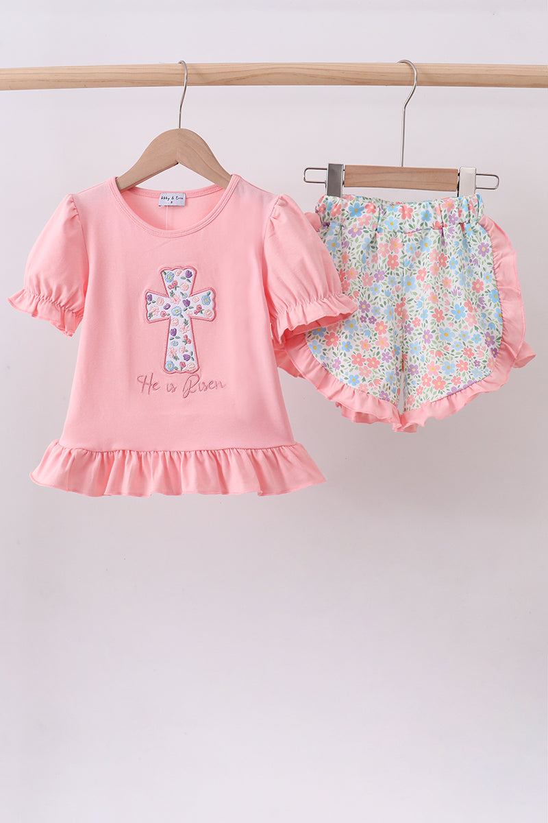 Pink cross applique ruffle shorts set - Aaria Tees Aaria Tees