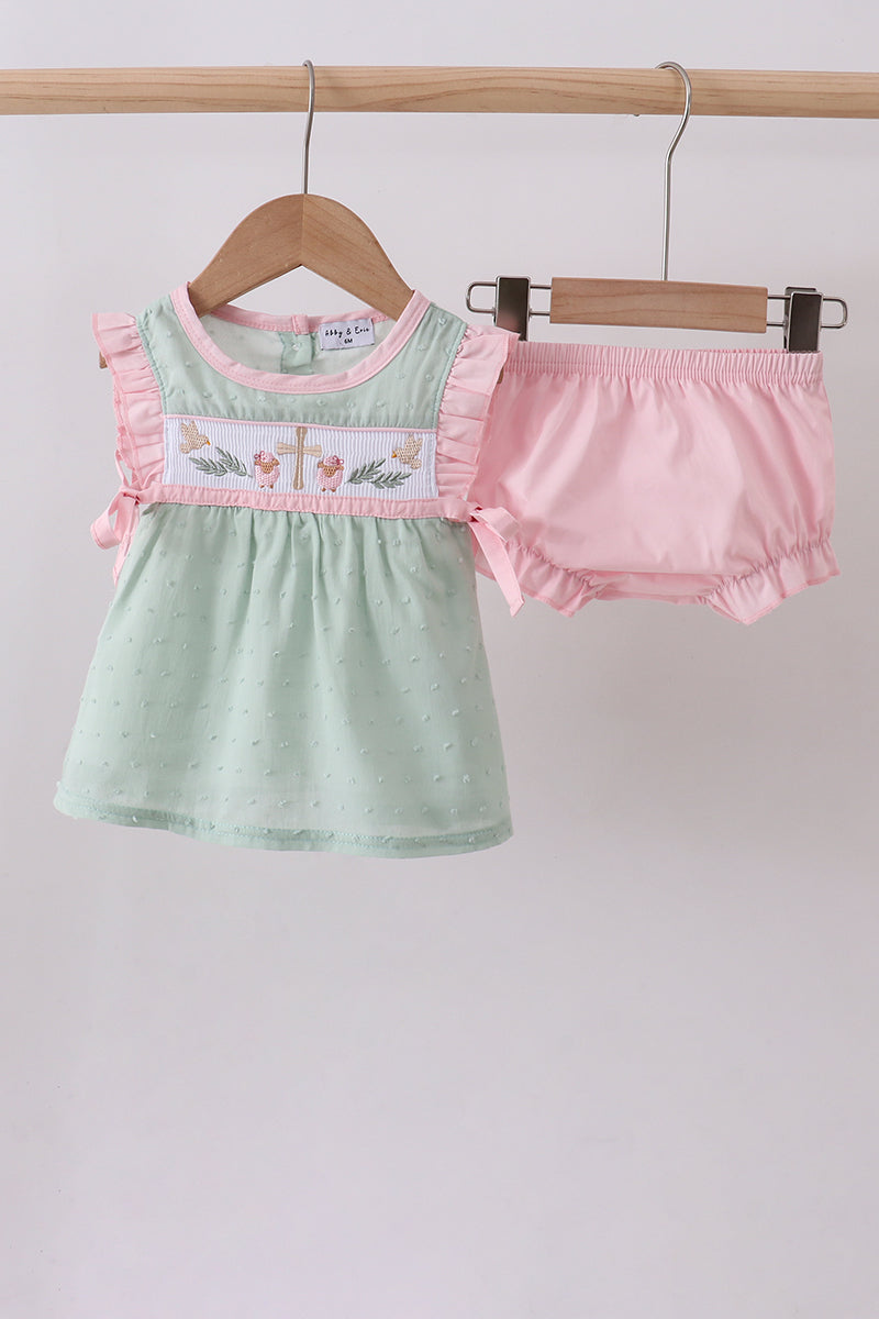 Green swiss dot cross sheep ruffle bloomer set - Aaria Tees Aaria Tees