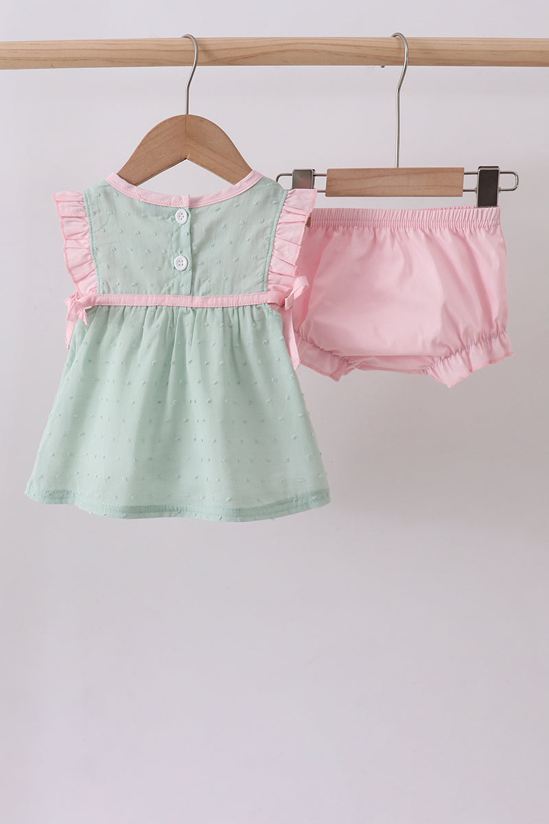 Green swiss dot cross sheep ruffle bloomer set - Aaria Tees Aaria Tees