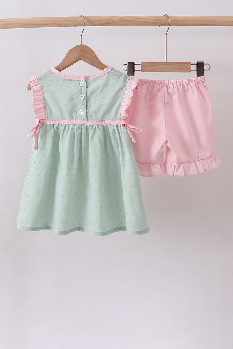 Green swiss dot cross sheep ruffle shorts set - Aaria Tees Aaria Tees