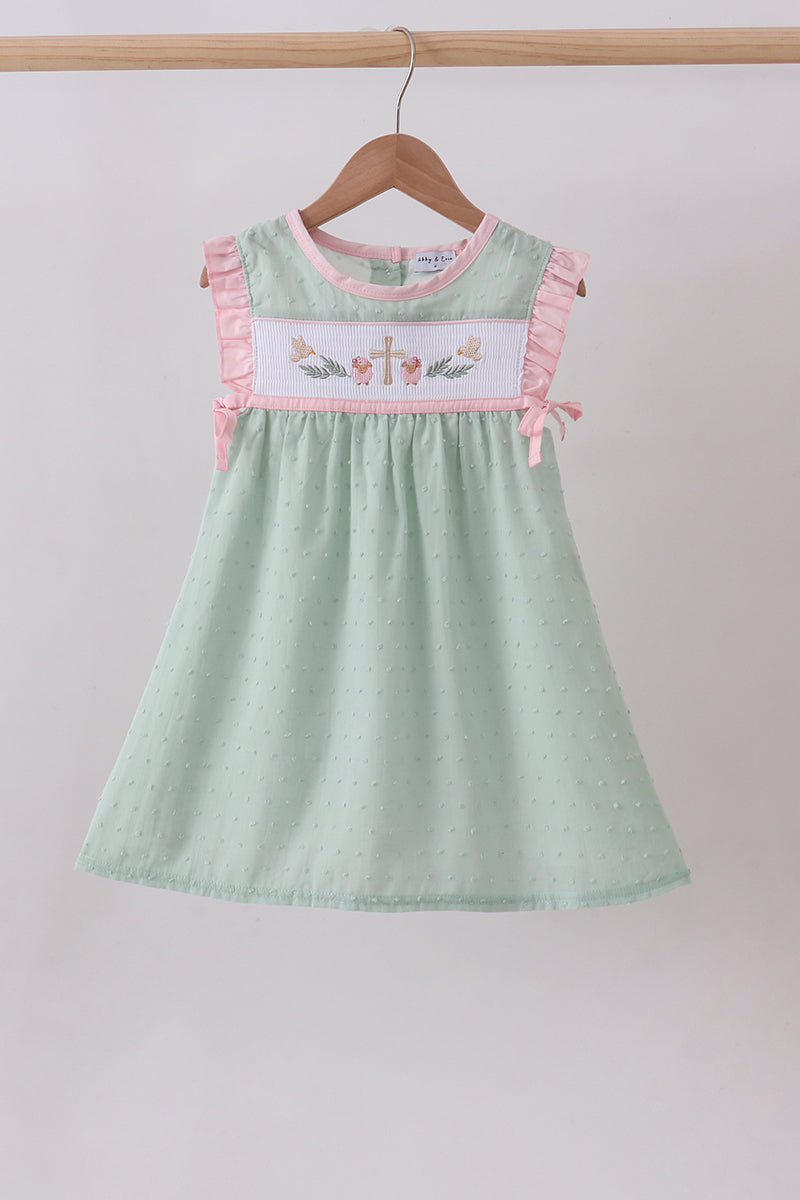 Green swiss dot cross sheep ruffle dress - Aaria Tees Aaria Tees