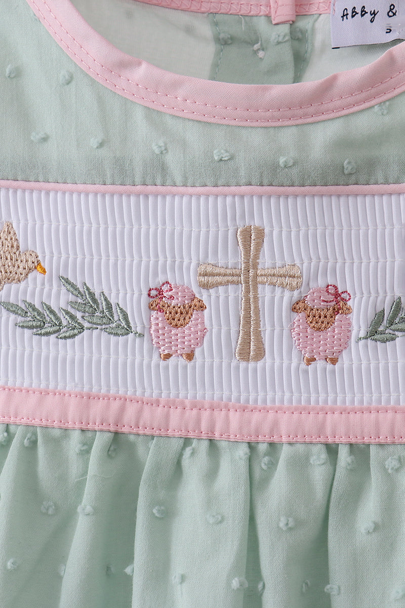 Green swiss dot cross sheep ruffle dress - Aaria Tees Aaria Tees