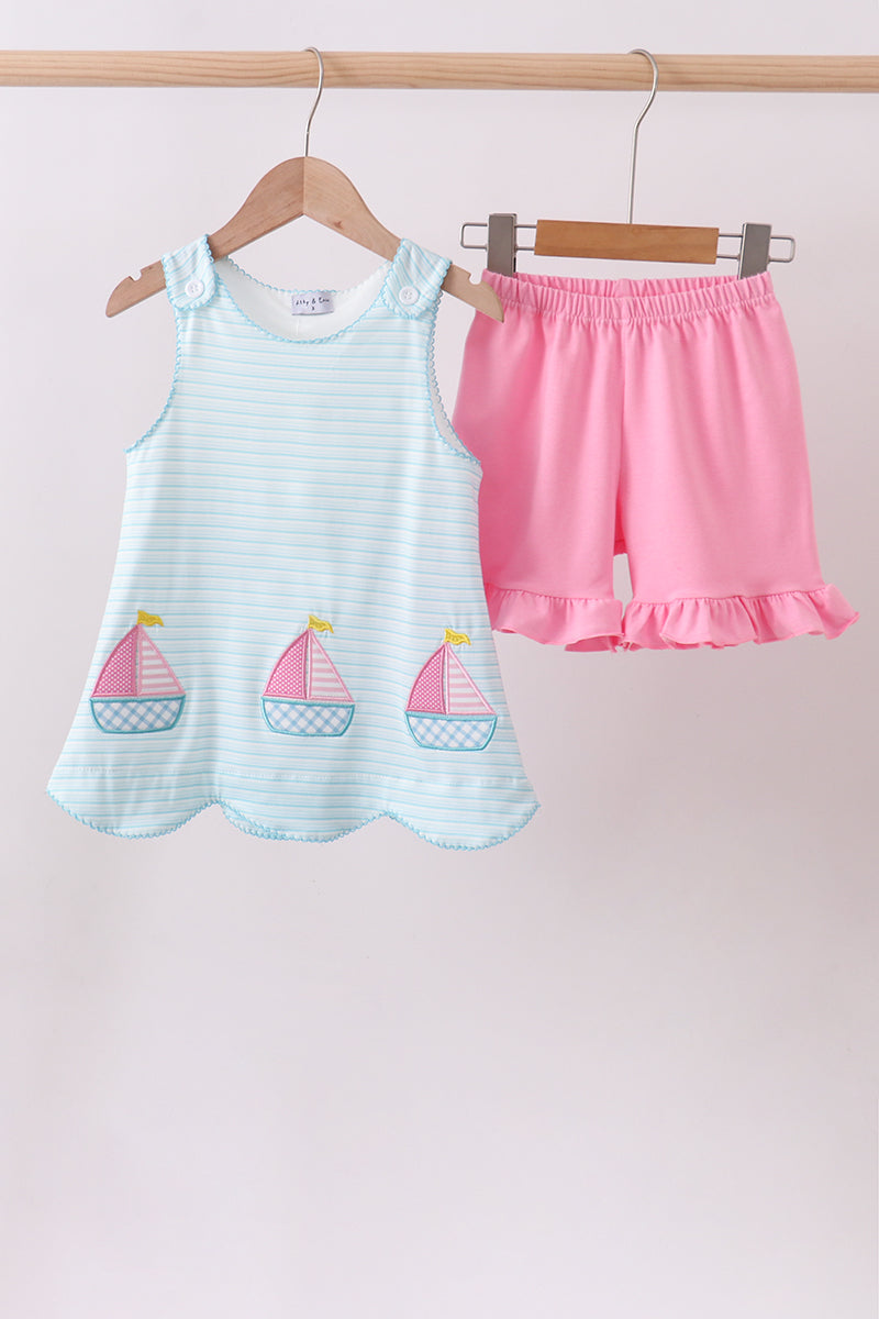 Blue sailboat applique ruffle shorts set - Aaria Tees Aaria Tees