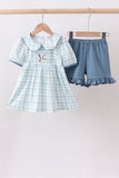 Blue plaid duck smocked ruffle shorts set Aaria Tees