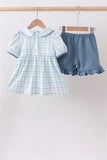 Blue plaid duck smocked ruffle shorts set Aaria Tees