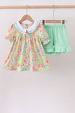 Pink floral print puff sleeve ruffle shorts set - Aaria Tees Aaria Tees